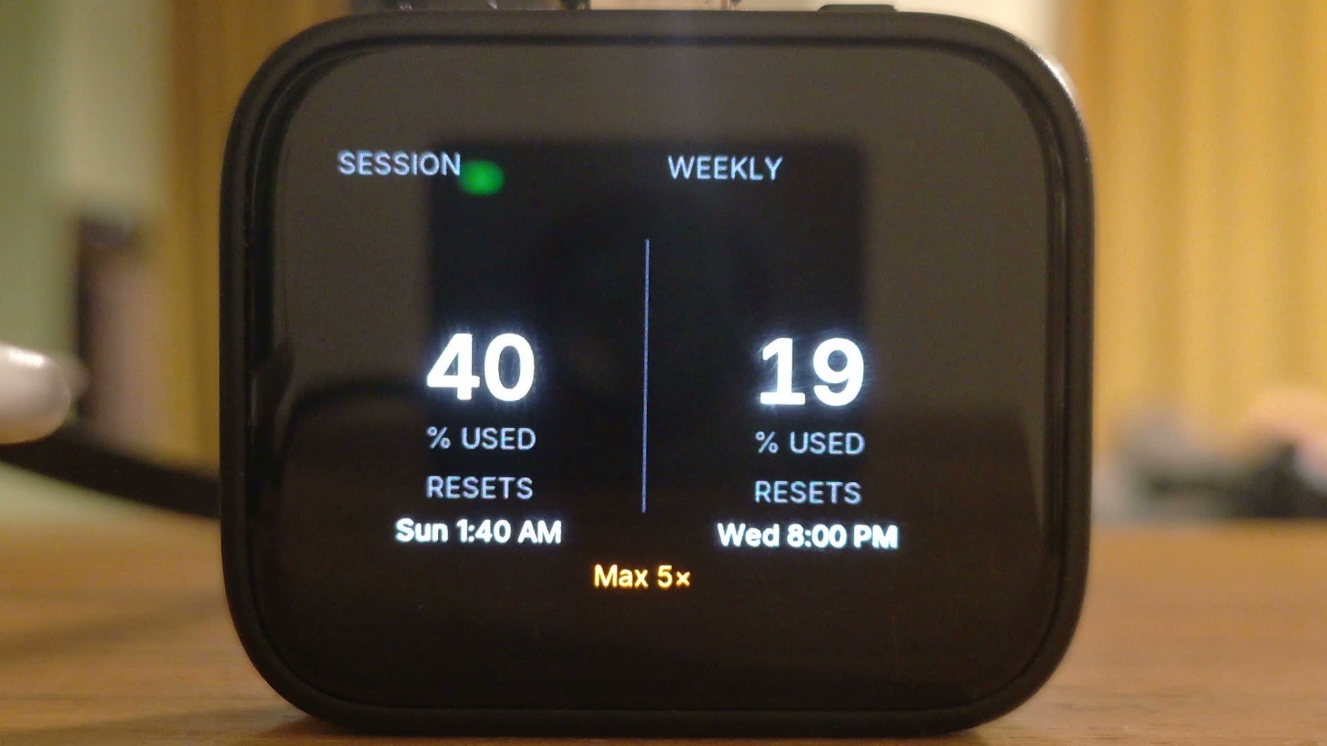 The Deskboy panel on a wooden desk, its screen showing SESSION 40% USED, resets Sunday 1:40 AM, WEEKLY 19% USED, resets Wednesday 8:00 PM, and Max 5× underneath.